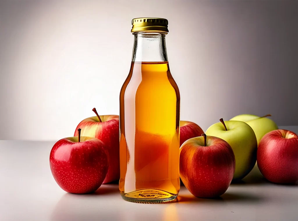 AI-generated image of a golden apple juice bottle surrounded by apples
