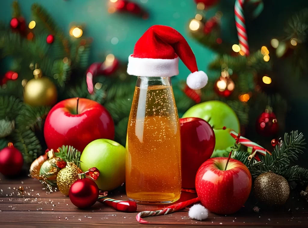 AI-generated image of an apple juice bottle wearing a red Santa hat