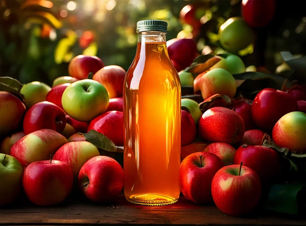 AI-generated image of an apple juice bottle surrounded by red and green apples