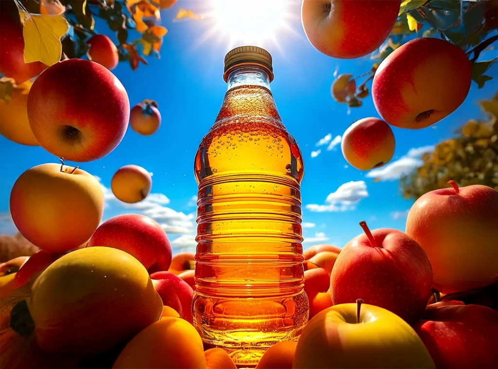 AI-generated image of an apple juice bottle with apples, captured from a worm's-eye view
