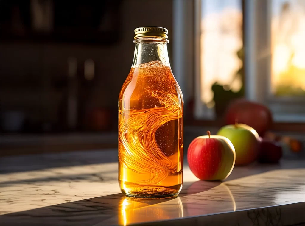 AI-generated image of an apple juice bottle with a gentle swirl of liquid inside