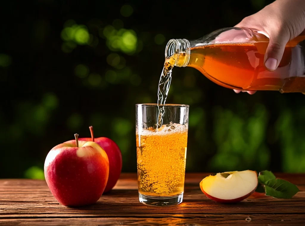 AI-generated image of a person lifting an apple juice bottle to pour into a glass